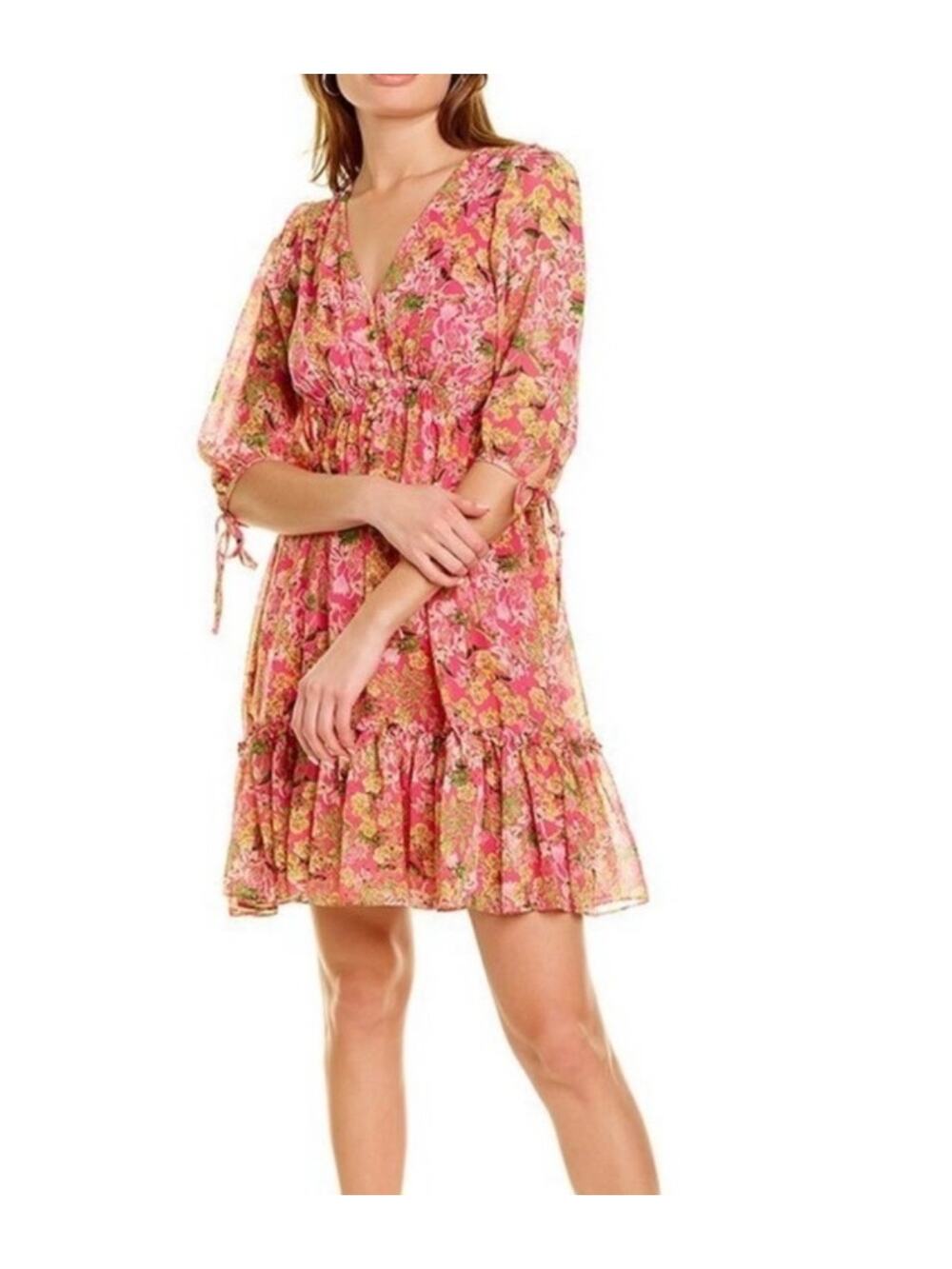 TAYLOR Pink Floral V-Neck Button Ruffle Trim Smocked Mini Dress 6